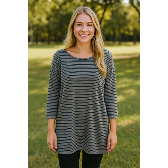 EILEEN FISHER Top Medium Tunic Stretch Tencel Terry Striped Long Sleeve Gray USA - Picture 1 of 11